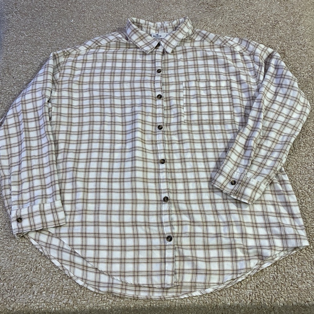 Hollister Mens Flannel Shirt Large Brown Cream Plaid Button Down